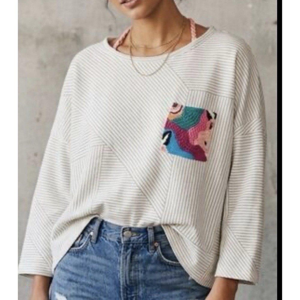 Postmark Anthropologie L Sweatshirt Striped Embroidered Pocket Boxy Top